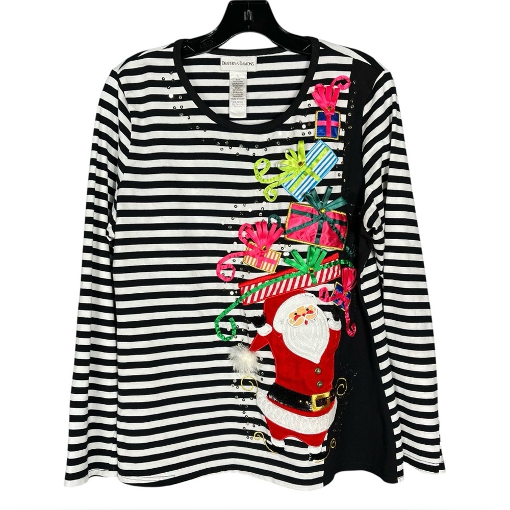 Drapers & Damons Santa Christmas Top Women’s L Presents Stripes Sequins Velvet